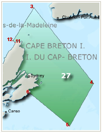 Carte de la pêche du crabe commun Zone 27. Voir les détails ci-dessous"