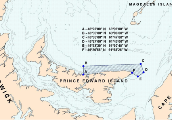 Carte 1 définissant la portion de la zone de pêche du hareng 16G située au nord-est de l'Île-du-Prince-Édouard. Les points illustrant cette portion de la zone de pêche du hareng 16G sont définis ci-dessous.