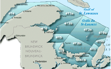 "Carte démontrant les lignes de délimitation des zones de pêche du poisson de fond dans le Golfe du Saint-Laurent. Il existe douze zones de pêche du poisson de fond et chacun est attribué un nom. Les noms des zones de pêche du poisson de fond sont les suivants : Zone 4T1, Zone 4T2A, Zone 4T2B, Zone 4T3A, Zone 4T3B, Zone 4T4, Zone 4T5, Zone 4T6, Zone 4T7, Zone 4T8, Zone 4T9A et Zone 4T9B. Chaque zone de pêche est délimitée par des coordonnées géographiques spécifiques."
