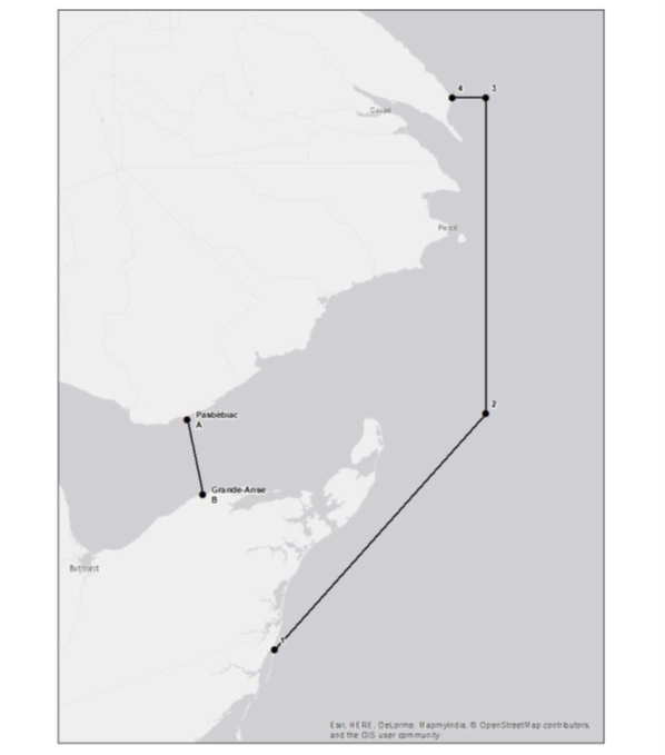 Carte 2 définissant la ligne entre Grande-Anse et Paspébiac et la ligne délimitant la baie des Chaleurs. Les points illustrant les lignes délimitantes sont définis ci-dessous.