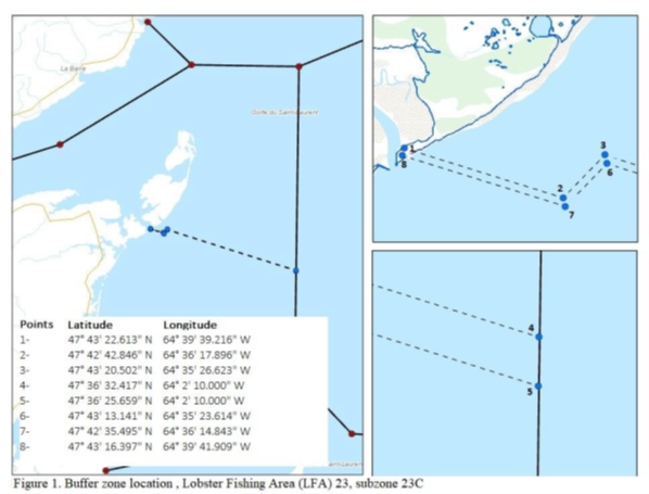 Figure 1: Buffer zone location in Lobster Fishing Area 23, subzone 23C, Points illustrating the location of the buffer zone are described below.