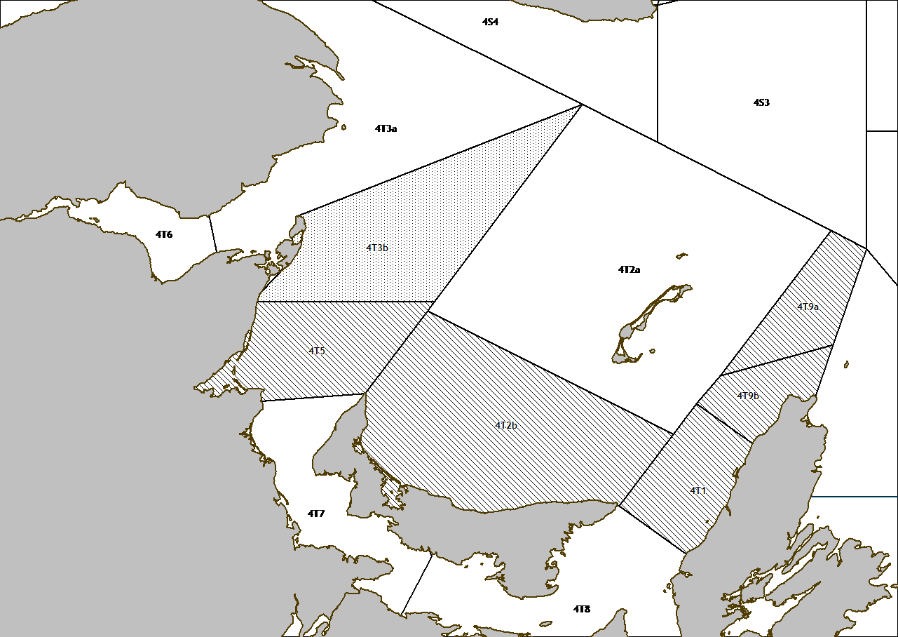 Carte démontrant les lignes de délimitation des zones de pêche du poisson de fond dans le Golfe du Saint-Laurent. Il existe douze zones de pêche du poisson de fond et chacun est attribué un nom. Les noms des zones de pêche du poisson de fond sont les suivants : Zone 4T1, Zone 4T2A, Zone 4T2B, Zone 4T3A, Zone 4T3B, Zone 4T4, Zone 4T5, Zone 4T6, Zone 4T7, Zone 4T8, Zone 4T9A et Zone 4T9B. Chaque zone de pêche est délimitée par des coordonnées géographiques spécifiques.