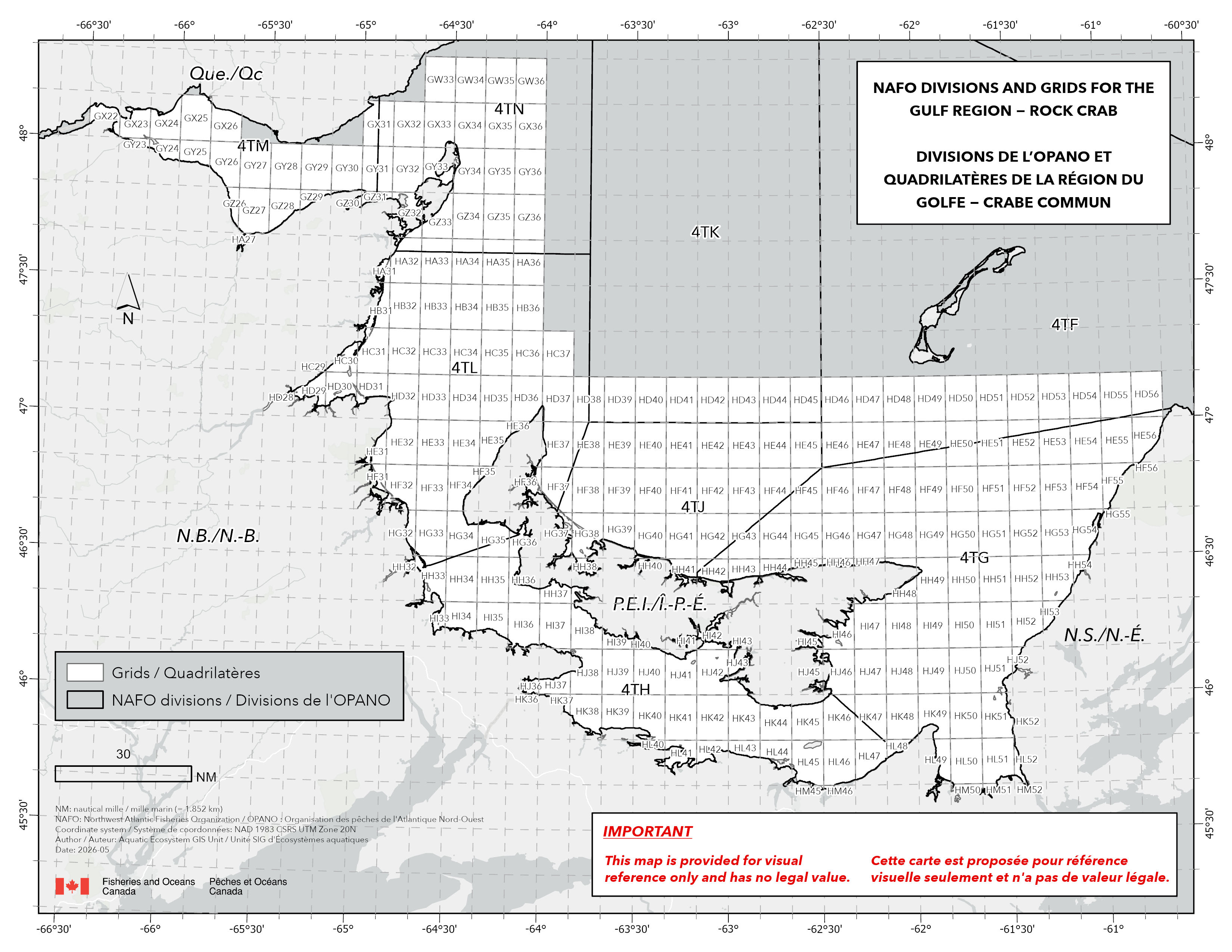 "Carte de la région du Golfe montrant les divisions de l’OPANO et les quadrilatères de grille utilisés pour la gestion du crabe commun, couvrant le Nouveau-Brunswick, l’Île-du-Prince-Édouard, la Nouvelle-Écosse ainsi que des parties du Québec et de Terre-Neuve, avec une note indiquant que la carte est fournie à titre de référence visuelle seulement et n’a aucune valeur légale."